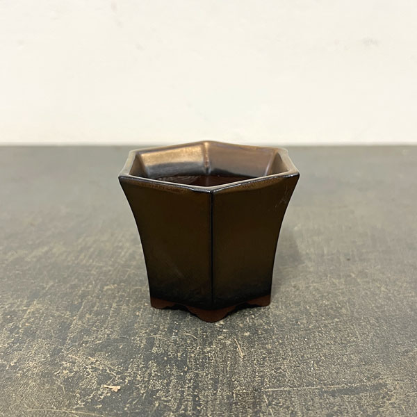 瀬戸焼盆栽鉢：ミニプランター ブロンズ 六角形（幅7cm、奥行8cm）