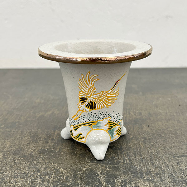 オモト鉢：錦鉢　鶴（つる）・白【268742】／外径10.2cm（内径7.5cm）