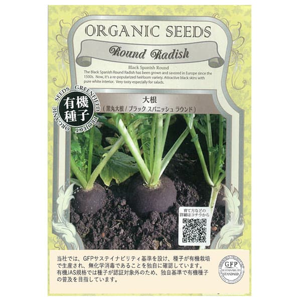 野菜の種：有機種子　大根（ブラックスパニッシュラウンド　黒丸大根） 2袋セット[ダイコンのタネ]