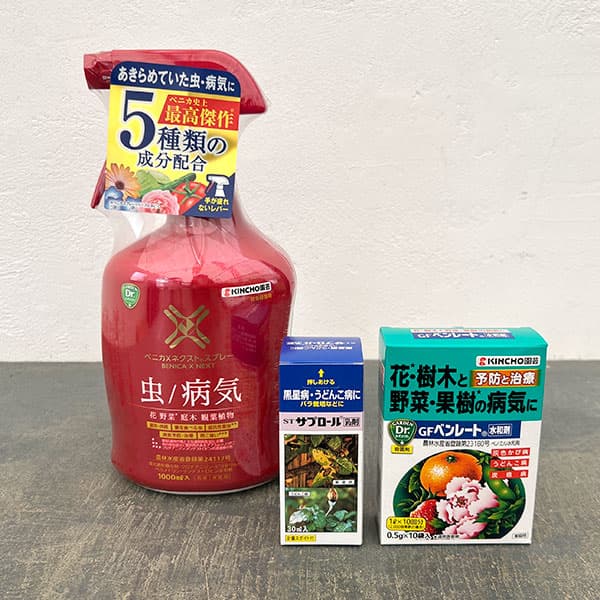 はじめてのバラ栽培に・基本の薬剤3種セット（病気予防と治療用・ベニカXネクストスプレー　サプロール　ベンレート）