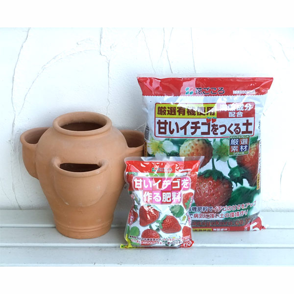 いちご栽培用ストロベリーポットS高さ25cm(3ポケット)と土・肥料のセット