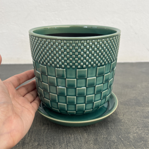プラッド ポット アンド ソーサー:グリーン/Mサイズ(直径14.6cm、高さ13.9cm)