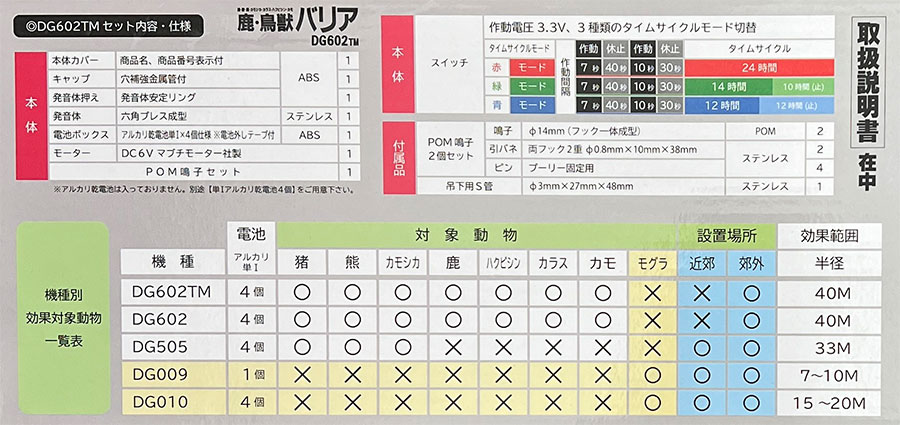 農作物被害対策器 鹿・けもの警報器 DG602効果的セット（三脚支柱付）