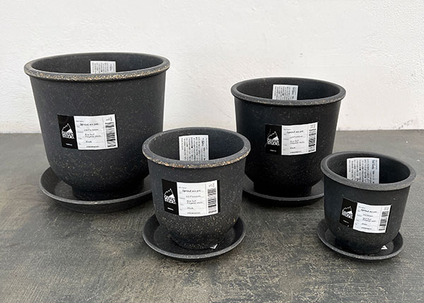 スプラウトエコポット＆ソーサー：ブラック／SS、S、M、L 4種セット