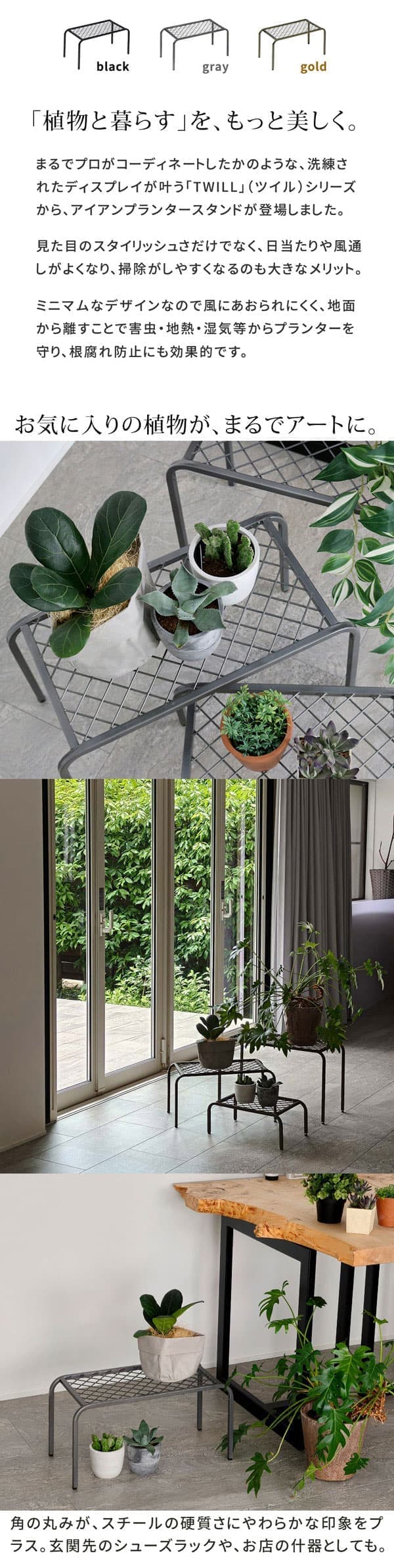 [送料無料]アイアンプランタースタンド「TWILL」(ツイル) 中サイズブラック1個（TW005BLK）(幅 500×奥行 250×高さ 255mm)