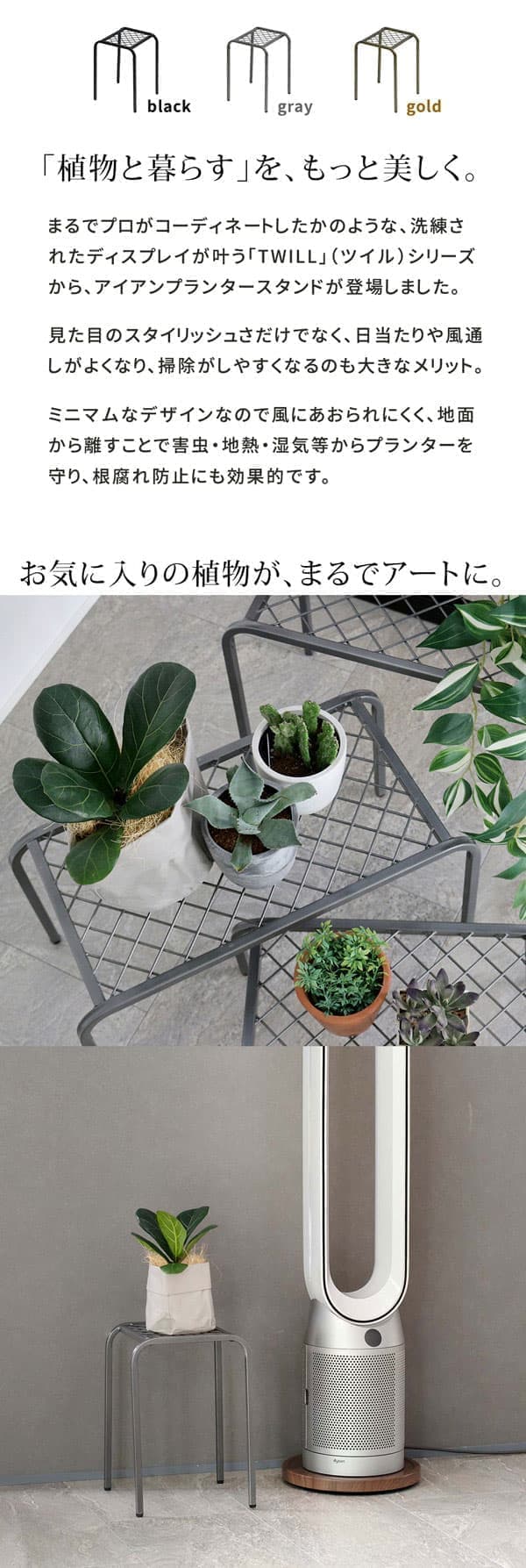 [送料無料]アイアンプランタースタンド「TWILL」(ツイル) ハイサイズゴールド1個（TW009GLD）（幅 250×奥行 250×高さ 355mm）