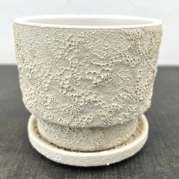 クラック ポット アンド ソーサー Sサイズ ホワイト（直径10.8cm、高さ10cm）