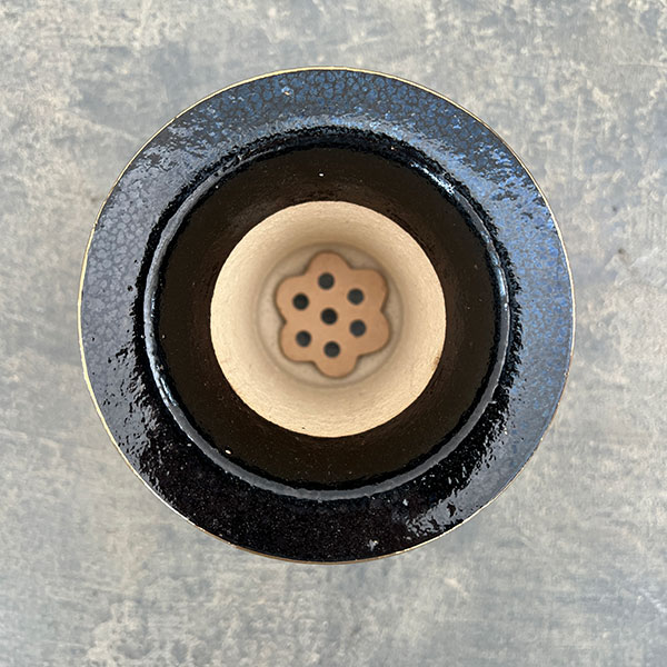 オモト鉢：錦鉢　鶴（つる）と波・黒【268743】／外径10.2cm（内径7.5cm）