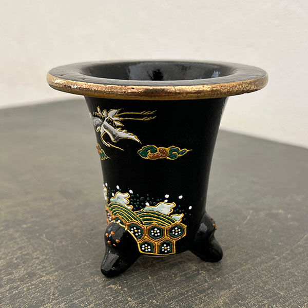 オモト鉢：錦鉢　鶴（つる）と波・黒【268743】／外径10.2cm（内径7.5cm）