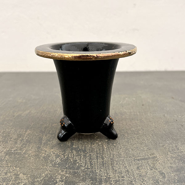 オモト鉢：錦鉢　鶴（つる）と波・黒【268743】／外径10.2cm（内径7.5cm）