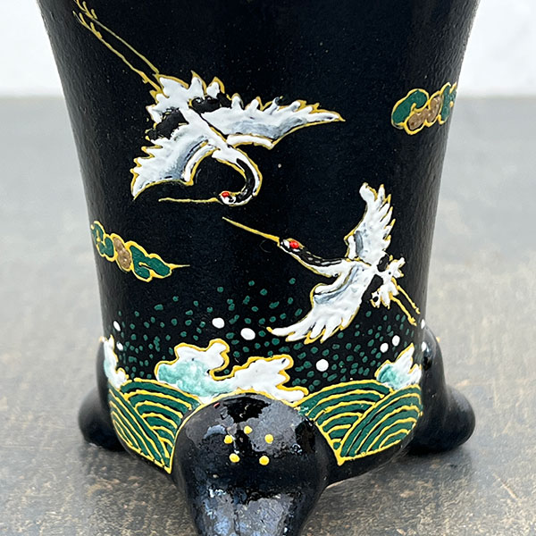 オモト鉢:錦鉢 鶴(つる)・黒【273160】/外径10.5cm(内径7.5cm)