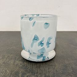 DGガラスステップポット＆ソーサー：ホワイト・ブルー（直径10cm）（底穴あり・アルミ製受け皿付）