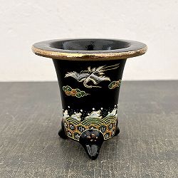 オモト鉢：錦鉢　鶴（つる）と波・黒【268743】／外径10.2cm（内径7.5cm）