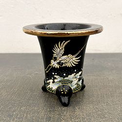 オモト鉢：錦鉢　鶴（つる）＆波・黒【273794】／外径10.2cm（内径7.3cm）